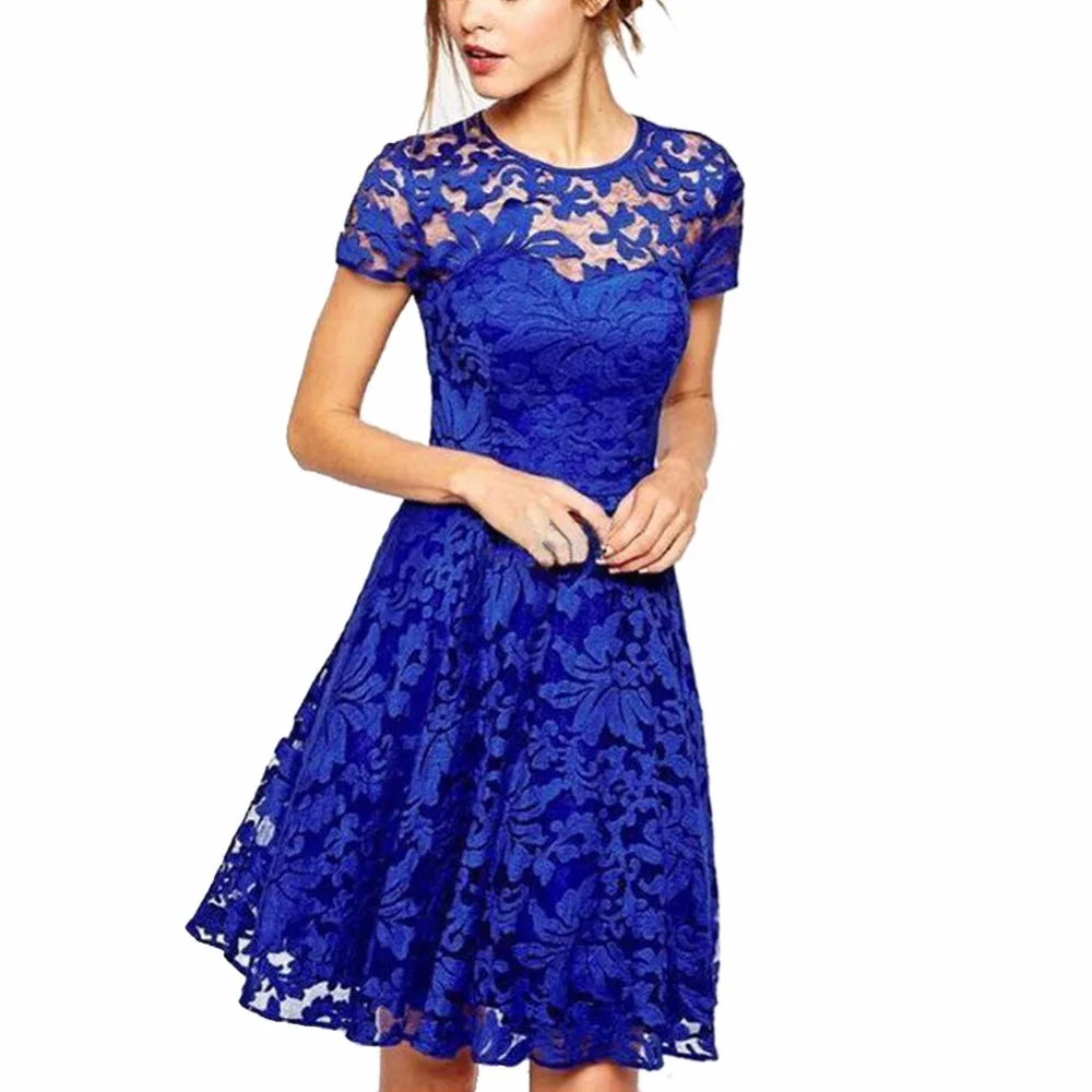 

Newest Women Floral Lace Dresses Short Sleeve Party Casual Color Blue Red Black Mini Dress