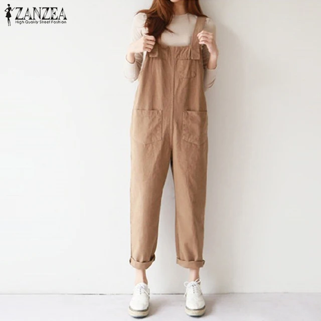 2018 ZANZEA Women Strappy Sleeveless Solid Long Jumpsuits Casual Loose Cotton Linen Rompers Party Overalls Dungarees Plus Size