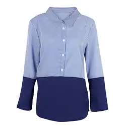 2018 Демисезонный блузки рубашки женский с длинным рукавом Повседневное в полоску в технике пэчворк Для женщин блузки свободные плюс