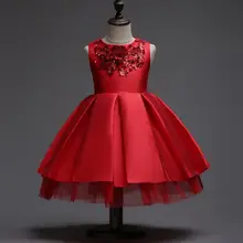 Брендовое сатиновое платье с цветочным узором для девочек возрастом от 3 до 12 лет красное детское платье-пачка с пайетками в новогоднем стиле для девочки-принцессы нарядное детское платье