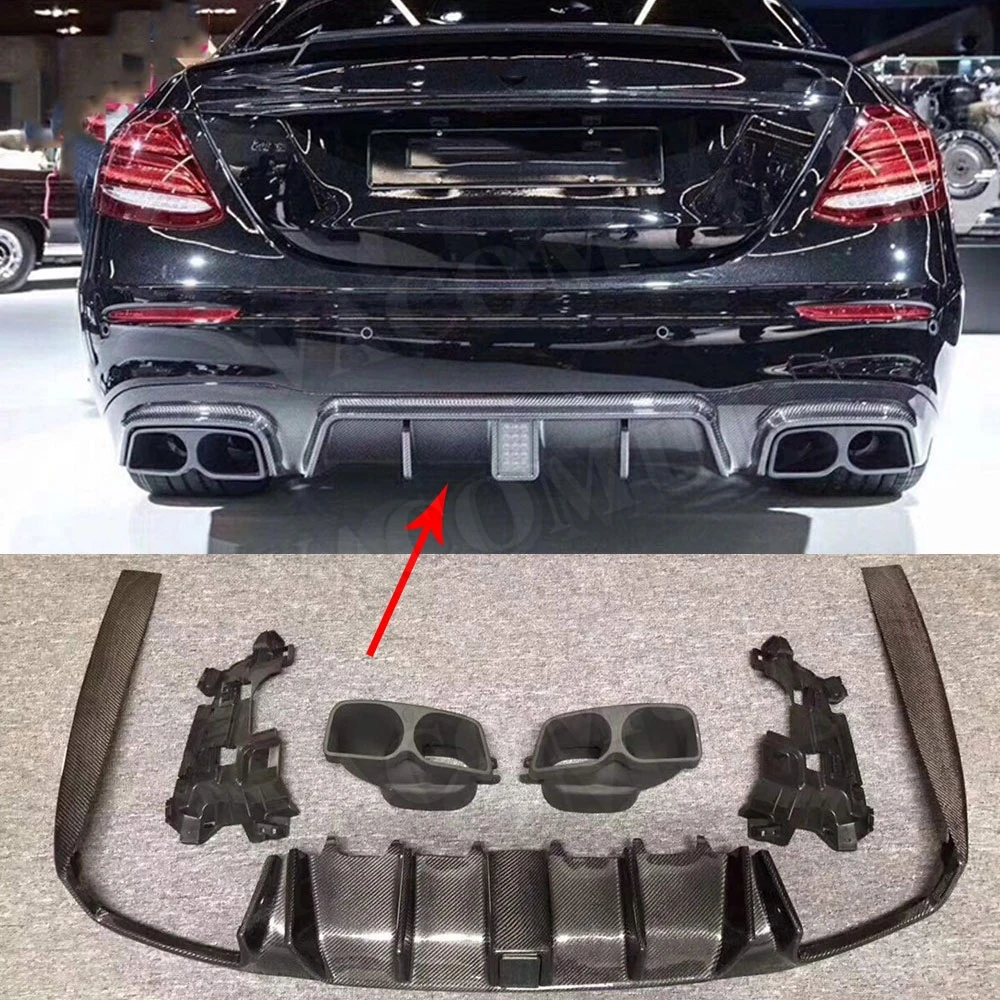 Carbon Fiber Rear Bumper Lip Light Diffuser with Steel Exhaust Muffler Tips for Benz W213 E200 E300 E43 E63 AMG B style 2017 + Carbon Fiber Rear Bumper Lip Light Diffuser with Steel Exhaust Muffler Tips for Benz W213 E200 E300 E43 E63 AMG B style 2017 +
