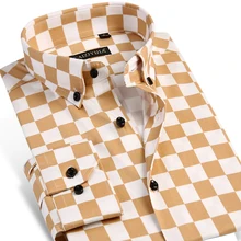 Caiziyijia мужская клетчатая рубашка с принтом удобная мягкая приталенная рубашка с длинными рукавами контрастный цвет клетчатый рубашки