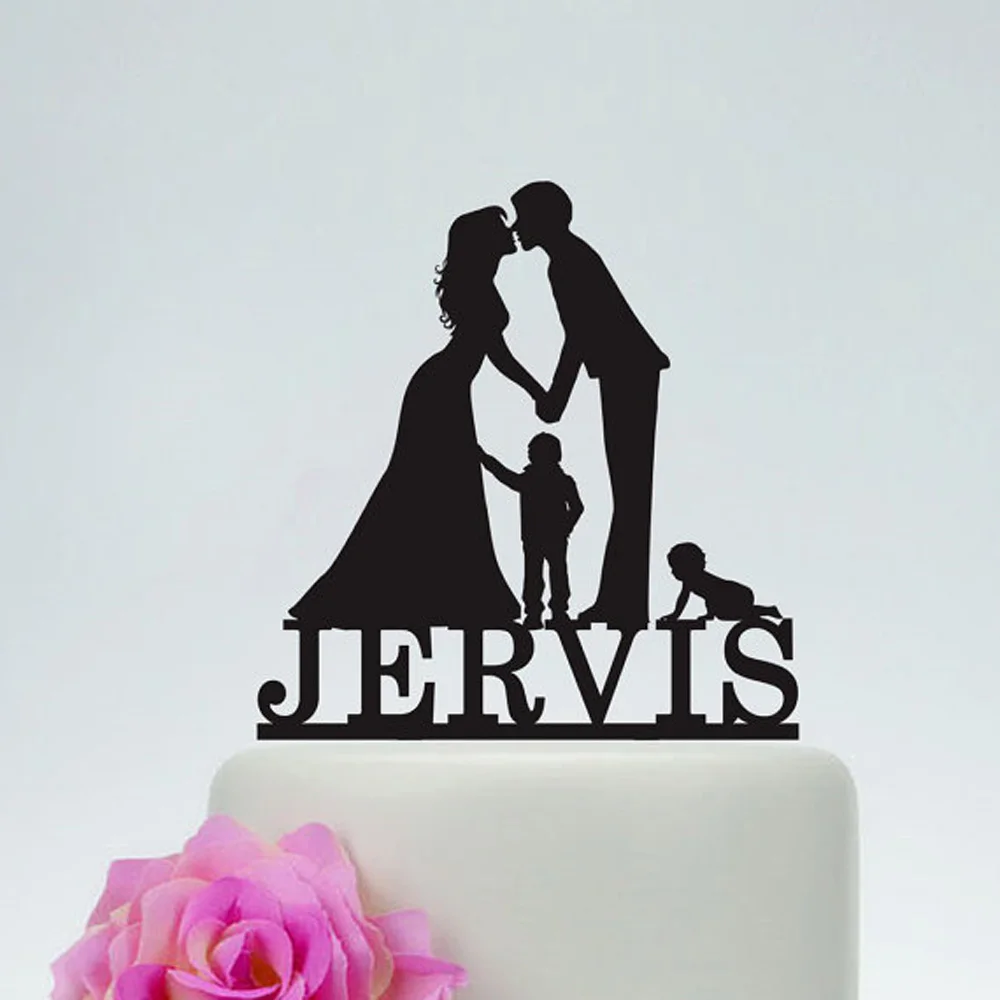 Personalized Decoration Wedding Cake Topper,Bride and Groom and Child Cake Topper,Customized Acrylic silver wooden Cake Topper
