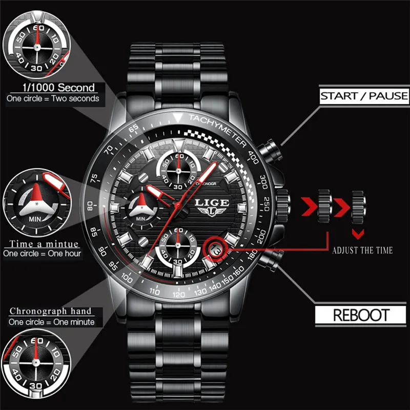 Relogio Masculino LIGE Men Watches Top Brand Luxury All Steel Clock Sport Quartz Watch Men Casual Business Waterproof Watch Man