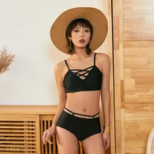 Одежда для плавания, пуш-ап, бикини, спортивный купальник для женщин, два предмета, купальник, новинка, черный, полый, в стиле панк, сексуальный, с высокой талией, с разрезом, спандекс, однотонный