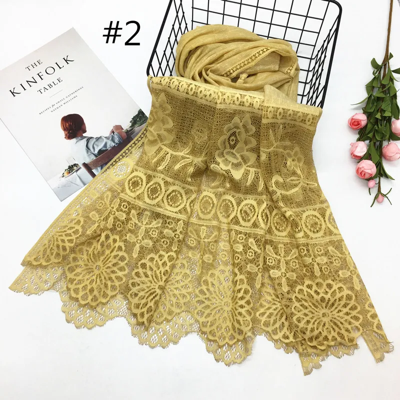 

New Floral Lace Edges Patchwork Women Scarf Plain Cotton Shawl Muslim Malaysia Hijab Long Underscarf Moslima Prayer Turbante