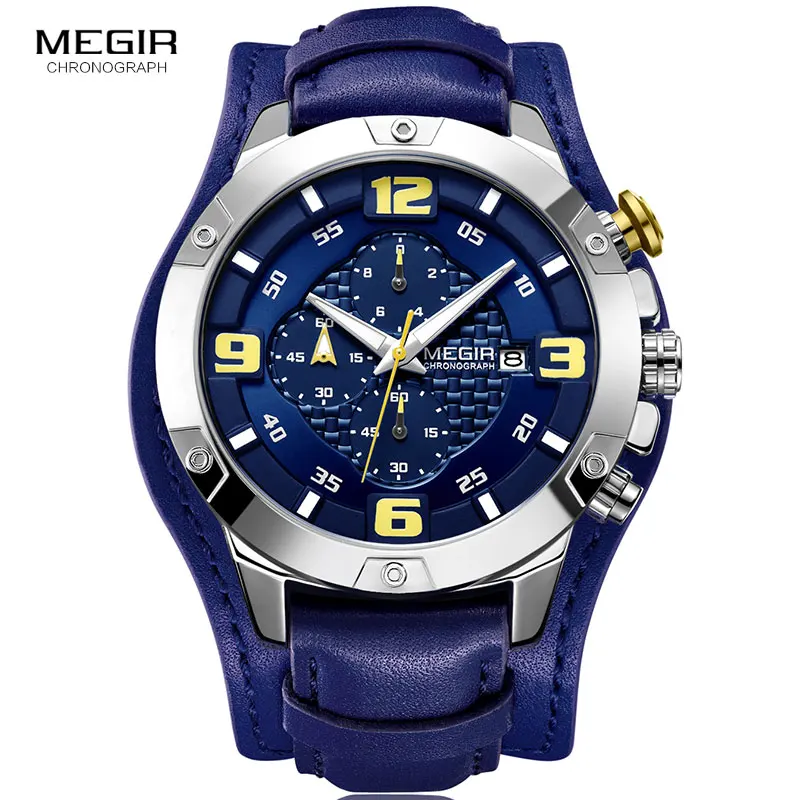 cheap MEGIR Brand Men #039;s Chronograph Quartz Sport Watches Military 50M Waterproof Leather Strap Luminous Army Sports Stopwatch for Man