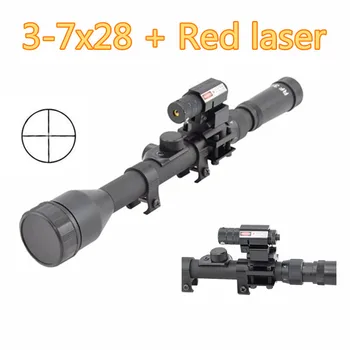 

Cheap 3-7x28 Air Riflescope + tactical red laser sight + 20mm rail mount mira telescopica for weapon telescope sight