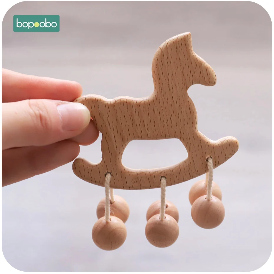 

Bopoobo 1PCS Wooden Teether Beads Infant Newborn Organic Wood Rattle Lovely Cartoon Girl DIY Pendant Toys Nursing Beech Teething