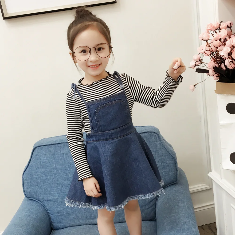 Коллекция года, осенний комплект одежды в Корейском стиле для маленьких девочек, детские вязаные топы в полоску+ джинсовое платье на подтяжках комплект детской одежды из 2 предметов для детей от 2 до 8 лет