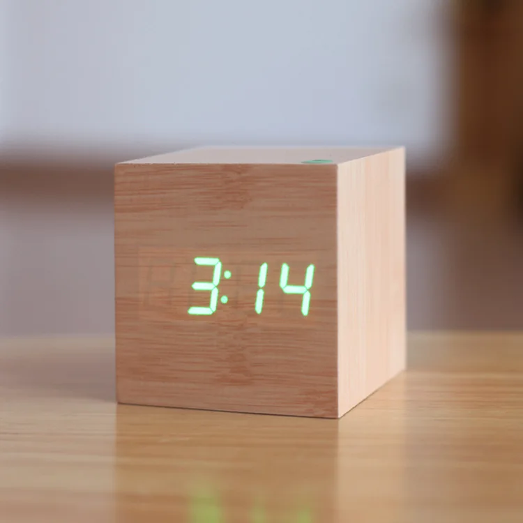 Деревянный куб светодиодный Будильник, despertador контроль температуры звуков светодиодный дисплей, электронные настольные цифровые настольные часы, SKU4A4A3 - Цвет: bamboo green