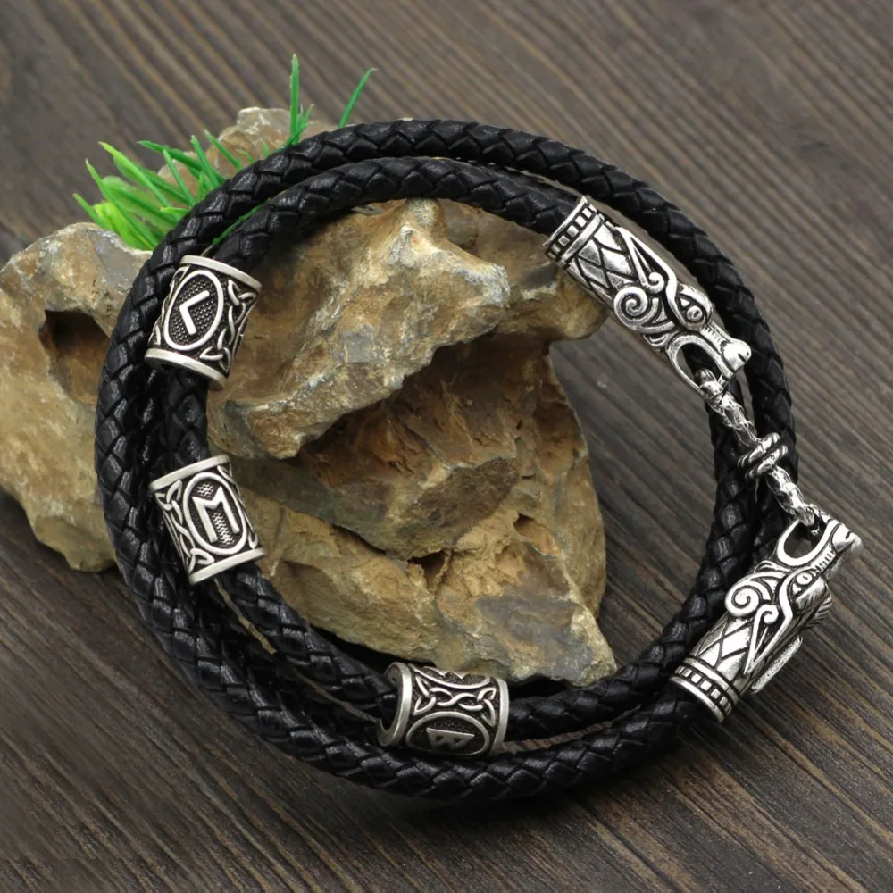 

Nordic Viking leather bracelet viking beads Dragon head bracelet silver Viking jewelry men fashion gifts