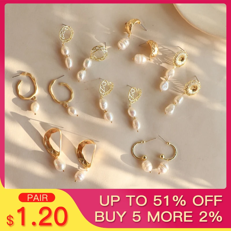 

QCOOLJLY New Design Matte Metal Gold Hollow Geometric Circle Square Irregular Natural Freshwater Pearl Long Earrings for Women