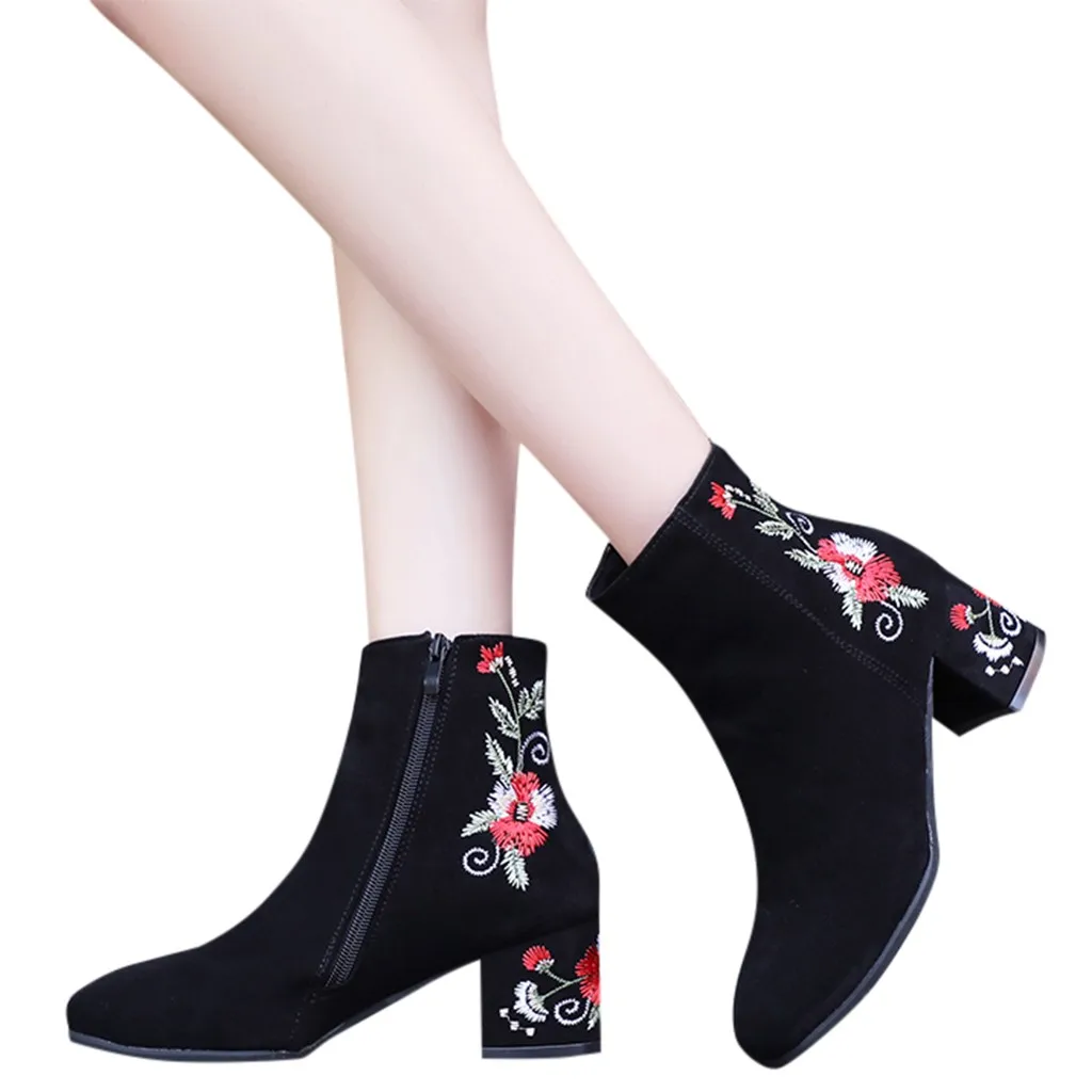 SAGACE/женские ботиночки; модные теплые ботильоны из замши с вышивкой и круглым носком на молнии;