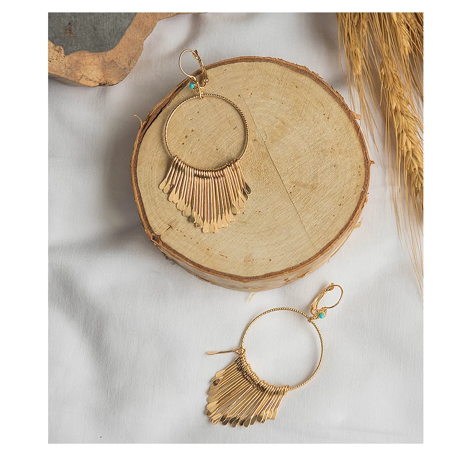 Wild&Free Boho Gold Metal Tassel Earrings For Women Big Round Circle Dangle Drop Earrings Ethic Charms Earring Fringed Jewelry