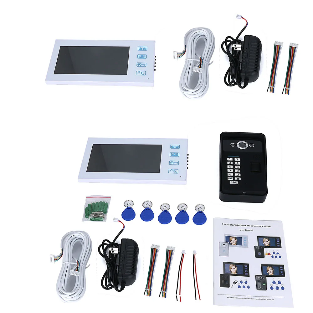 2 Мониторы 7 "TFT RFID распознавания отпечатков пальцев пароль телефон видео домофон Дверные звонки с IR-CUT HD 1000TVL Камера