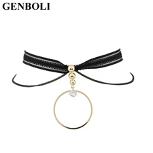 GENBOLI Multilayers Lace Strip Choker Necklace Metal Circle Long Pendant Gothic Fashion Women Neck Accessories Party Wedding
