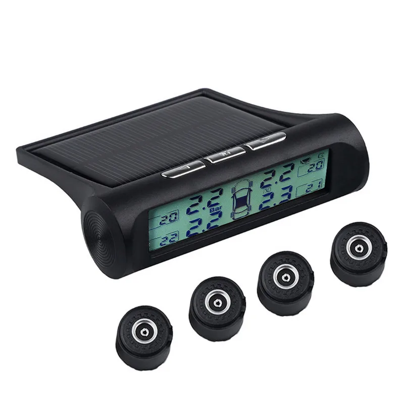 

New Car Digital Solar TPMS Tire Pressure Monitoring System Gauge 4 External Sensors Tire Temperature alarm Safety Adapter HD