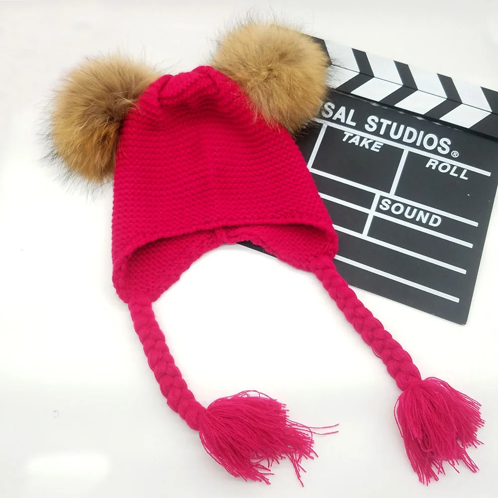 Осенне-зимняя детская шапка с помпонами, настоящий шарик из меха енота, забавная Шапочка для мальчиков и девочек, для фотосъемки