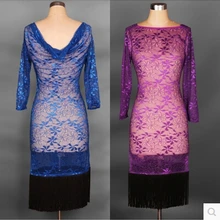 Латинской Танцевальный костюм старший sexy Кружевное платье с длинными рукавами, элегантные фиолетового цвета с кисточками женские платья для латино-американских танцев конкурс латиноамериканских танцев платье