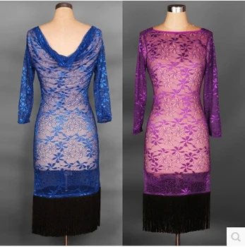 

Latin dance costume senior sexy lace long sleeves Elegant purple tassle latin dance dress women latin dance competition dress