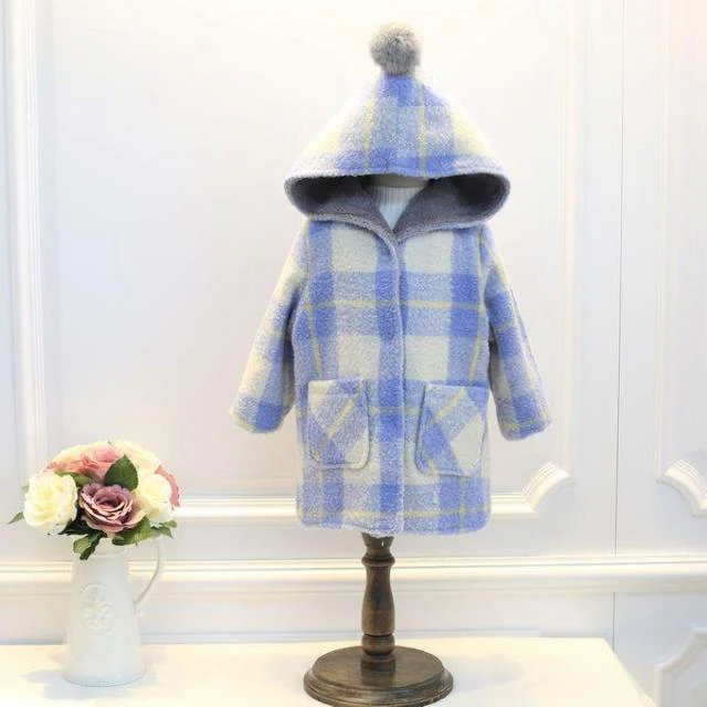 Winter New Children's Plaid Coats Baby Girl Wool Hooded Blazer Jackets