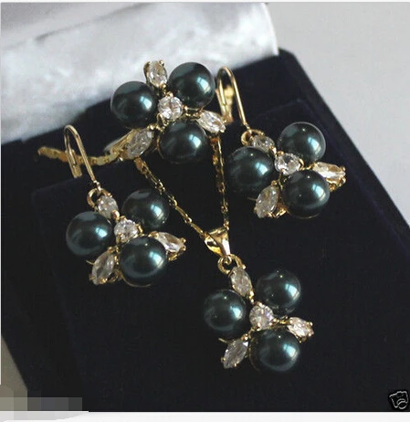 

Fashion 8mm Black South Sea Shell Pearl GP Crystal Earring Pendant Ring Set ^^^@^Noble style Natural Fine jewe fast SHIPPING