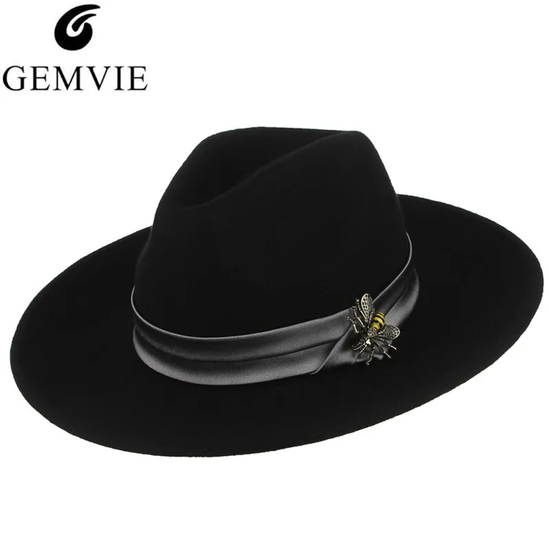 

Men Women Fedoras Hats Cute Bee Pendant Jazz Cap GEMVIE Unisex Classical Solid Wool Wide Brim Solid Color Jazz Hat Top Hat