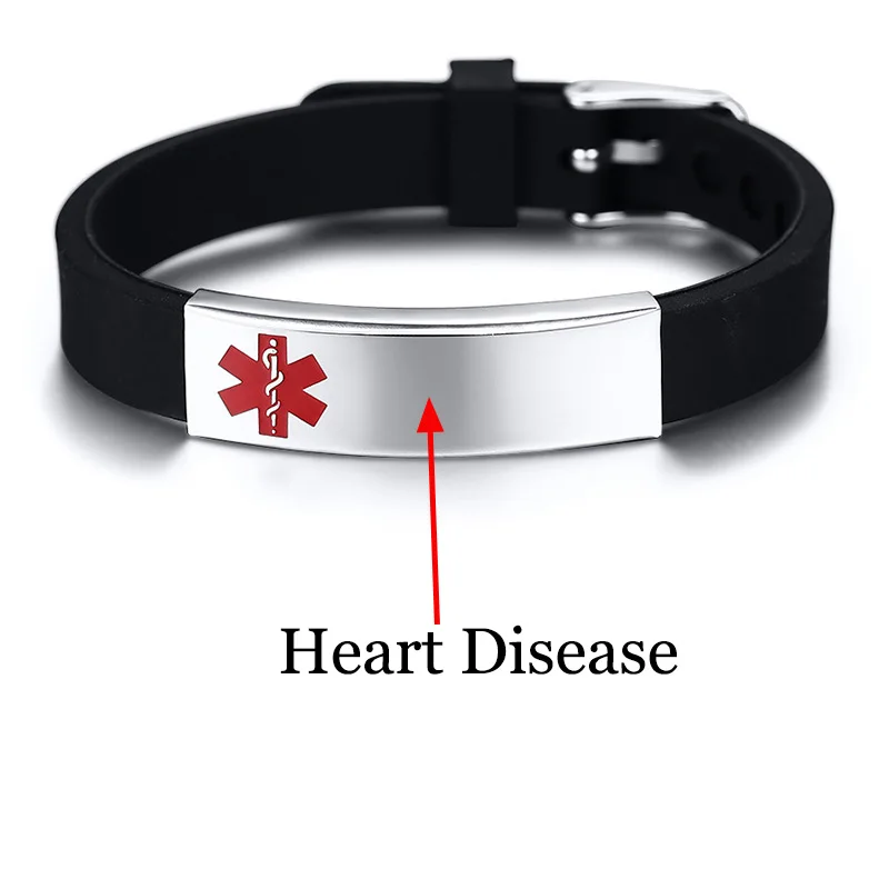Гравировка, медицинский оповещающий ID ремешок, силиконовые браслеты для мужчин и женщин, Настраиваемый Тип 1, браслет с именем диабета - Окраска металла: Heart Disease