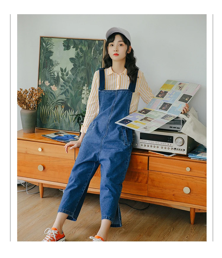 Conjoined jeans female spring and autumn new han version sen female students loose joker web celebrity age reduction show thin suspenders (11)