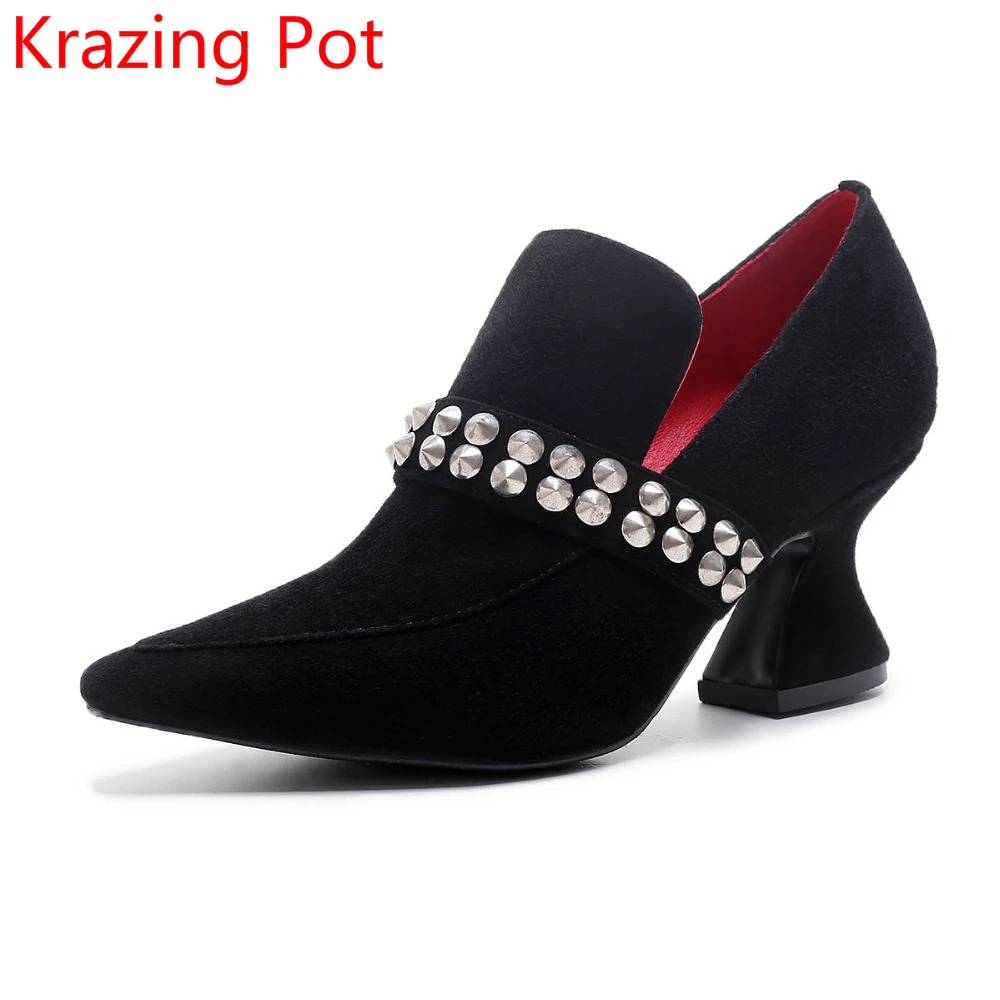 

2017 Fashion Brand Shoe Kid Sude High Heels Slip on Rivets Women Pumps Pointed Toe Concisel Runway Sweet Party Wedding Shoes L37
