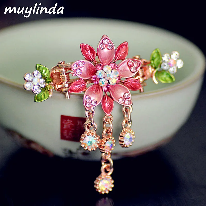 

muylinda Vintage Enamel Flower Hair Claw Jewelry Charm Rhinestone Hair Clip Hair Accessories For Women