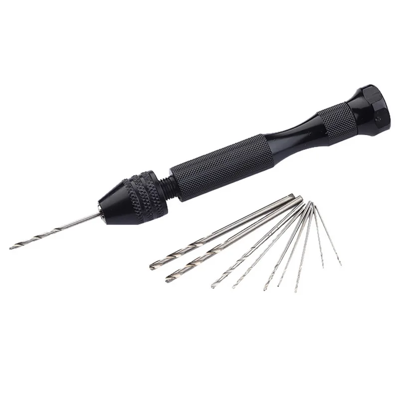 Junejour Aluminum Micro Hand Drill With Keyless Chuck& 10pcs 0.2-2mm/0.3-3.4mm Twist Drill Bit Woodwork Drilling Rotary Tool