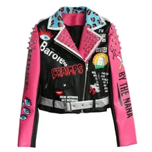 Осенняя куртка с заклепками с буквенным принтом, короткая женская куртка из искусственной кожи, женская розовая леопардовая куртка из искусственной кожи