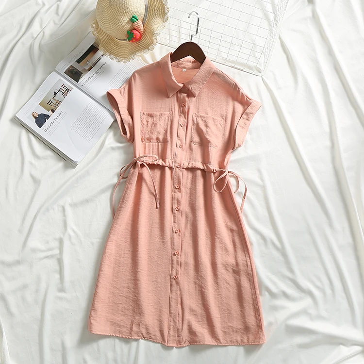 

BAIORUINA Women's Pink Sweet High Waist Shirt Dress Two Pockets with Sashes Female Casual All-match Summer Dress Vestidos