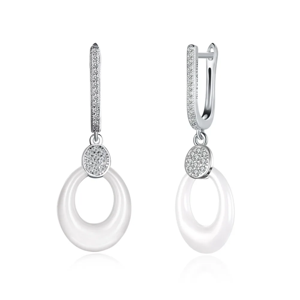 

Simple Round Circline earrings,White / Black Ceramic CZ 925 Sterling Silver Dangle Earrings for Women Lady Gift