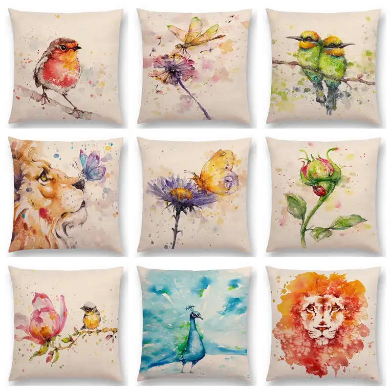 

Watercolor Animals Robin Flamingos Kookaburras Lion Flower Butterfly Ladybug Lane Bird Wren Cushion Cover Sofa Throw Pillow Case