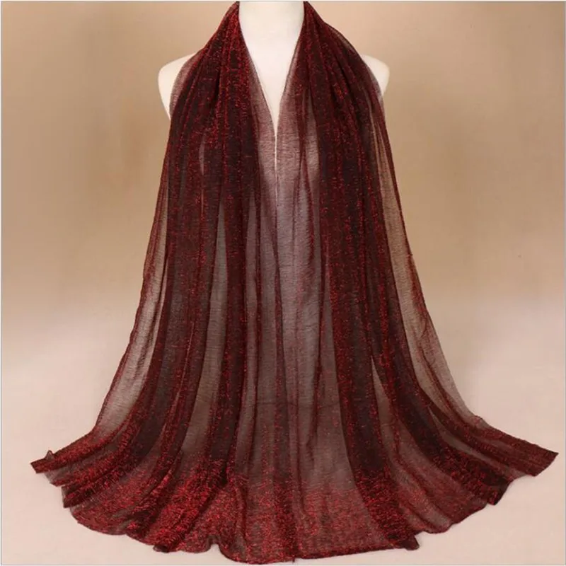 Мусульманский женский хиджаб с люрексом, блестящие шарфы, простая складка, Блестящий эластичный длинный модный шарф, шали - Цвет: Dark Wine Red