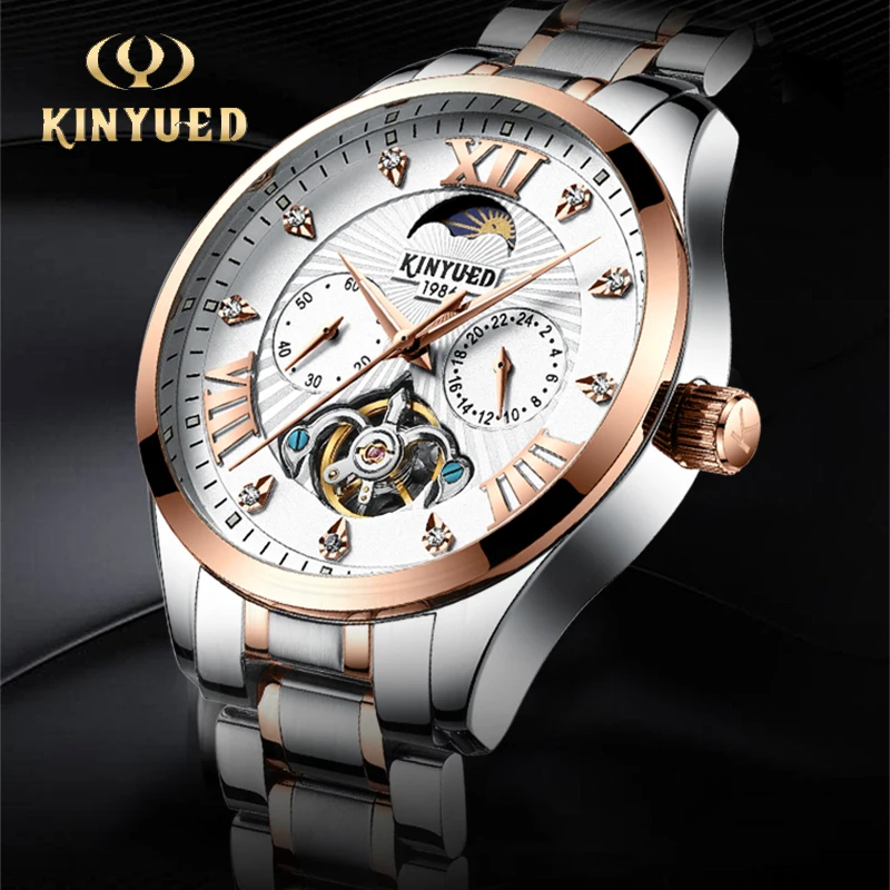 

KINYUED Top Brand Mens Moon Watch Automatic Mechanical Wristwatch Men Fashion Business Sports Stainless Steel Relogio Masculino