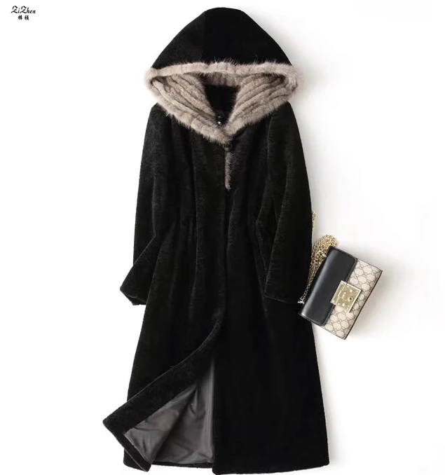 D'agneau Zizhen Femmes Réel Avec De Hiver Laine Capot En Army noir Chaud Crit Long Vison 4 Naturel Green camel Peau Moutons Fourrure Manteau bourgogne 180718 rCzrqEn