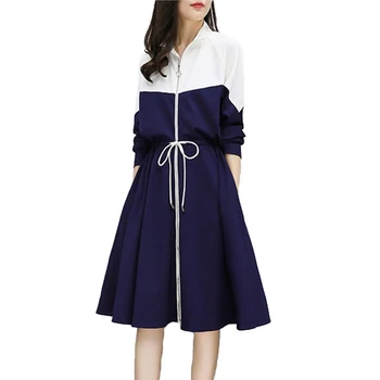 

Fashion Long-sleeved Dress Women 2019 Spring Summer zipper Splice Plus size Dresses Female Belt Slim Long Big swing Dresses H808