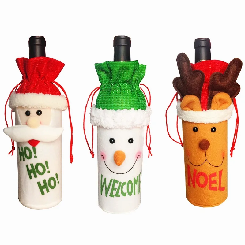 

1pc HO HO HO Santa Claus Snowman Elk Gift Bags Welcome Noel Christmas Red Wine Bottle Cover Table Party XMAS Gift Supplies