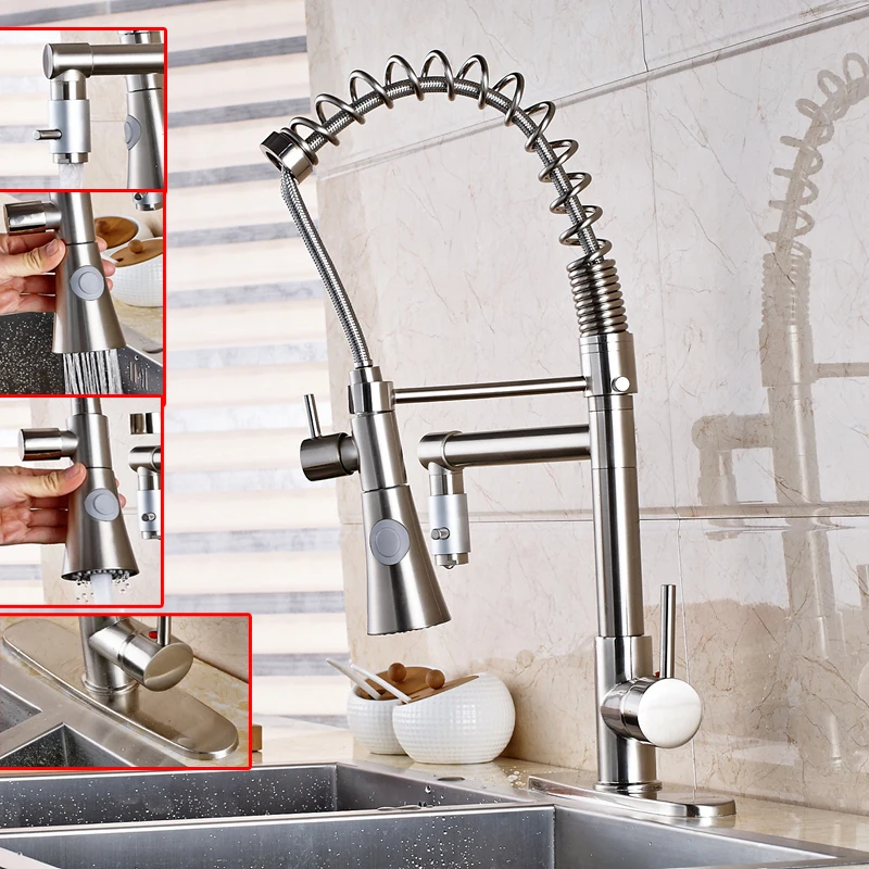 Pull Down Spring Nickel Brushed Kitchen Vessel Faucet Mixer Tap W Cover Plate