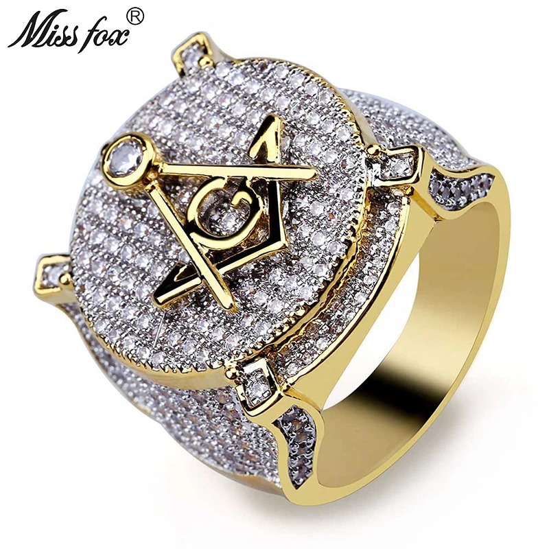 

HOT!!! Hip Hop 18k Gold Masonic Ring Men'S Personalized AG Full Cubic Zirconia Ring Europe Wholesale Brand Luxury Men Jewelry