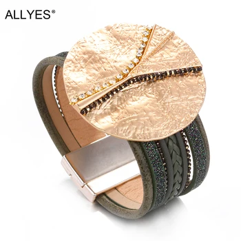 

ALLYES Boho Round Metal Charm Leather Bracelets for Women Multilayer Wide Wrap Bracelet Female Femme Jewelry