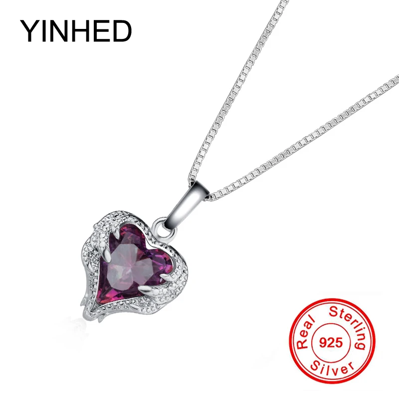 

YINHED Genuine 925 Sterling Silver Necklace Colorful Heart Zircon Crystal Pendant Necklace for Women Valentine's Day Gift ZN122
