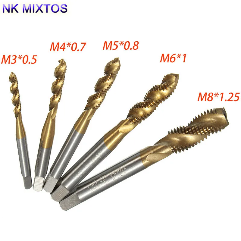 

NK MIXTOS 5pcs/set High Speed Steel HSS Titanium Screw Thread Metric Spiral Hand Plug Tap Drill Bit Set M3 M4 M5 M6 M8