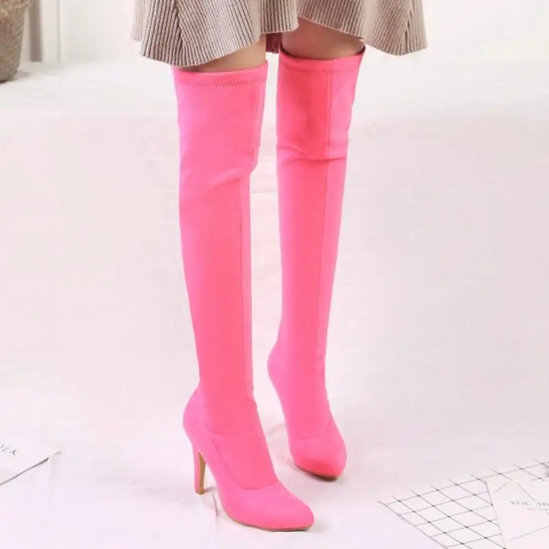 KemeKiss 6 цветов размера плюс 32-48, пикантные женские ботинки на высоком каблуке Острый носок, выше колена, на высоком каблуке; растягивающиеся сапоги с модная зимняя теплая обувь