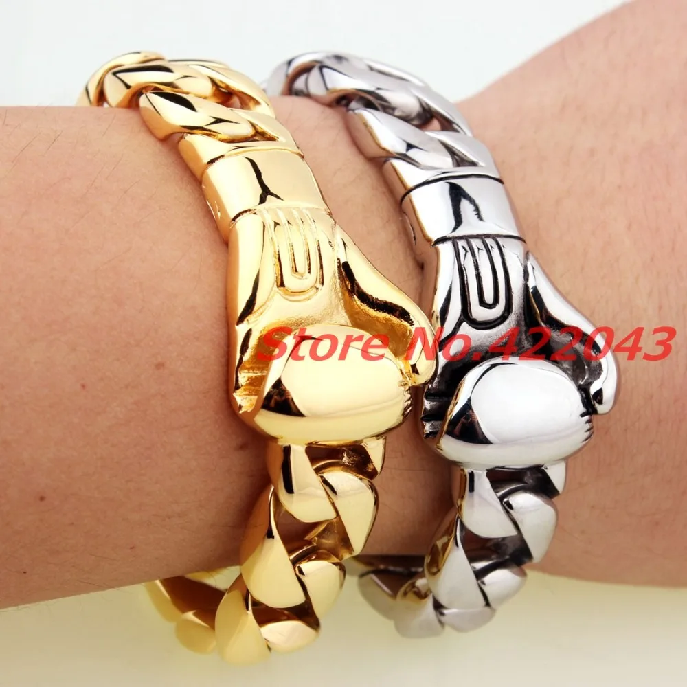 

High Quality New Arrival Silver Gold 15MM 8.66" Casting Stainless Steel Boxing Glove Cuban Chain Bracelet Mens Hip-hop Jewelry