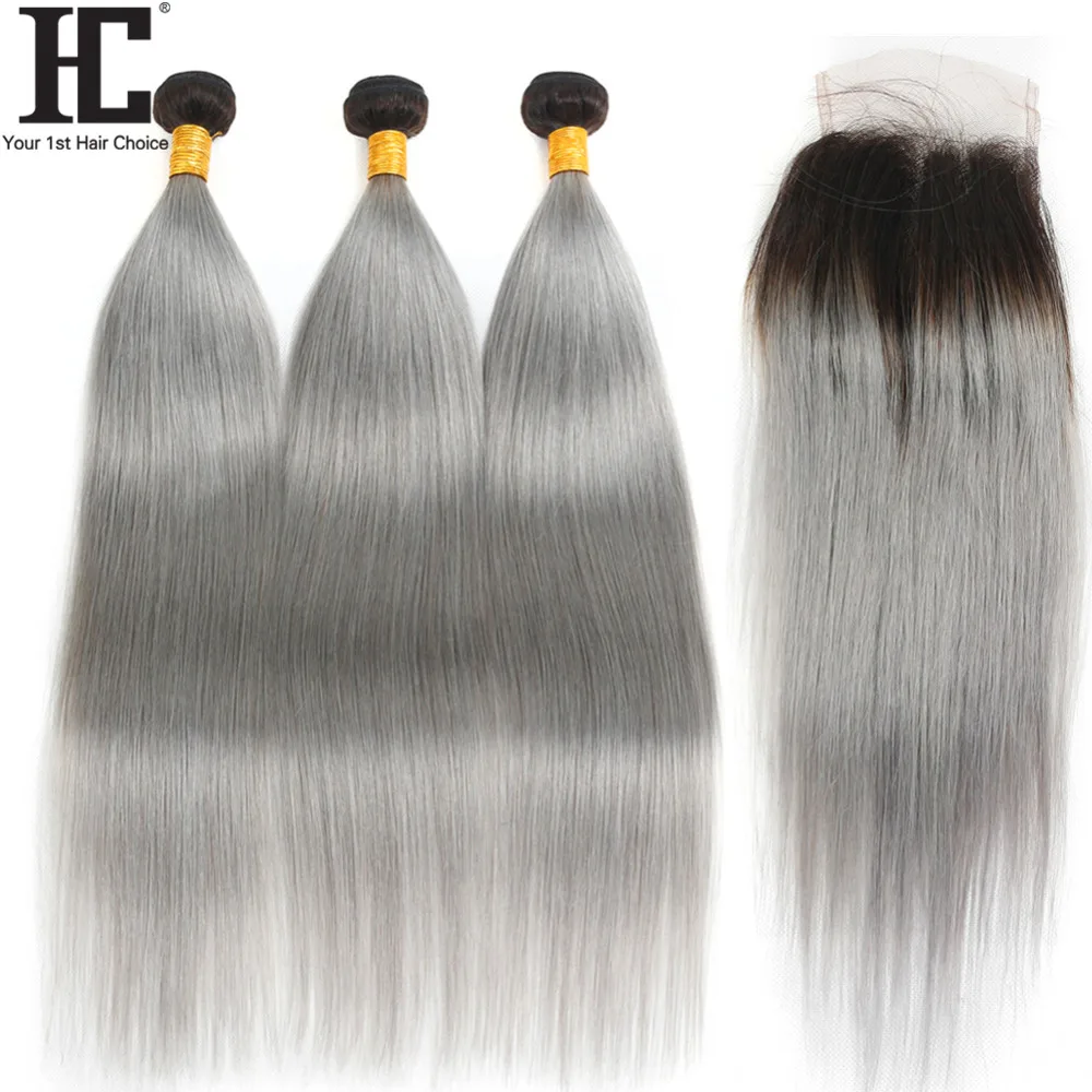 HC 1B/Grey Brazilian Straight Hair Bundles With Closure 4 Pcs Ombre Remy Human Extensions | Шиньоны и парики